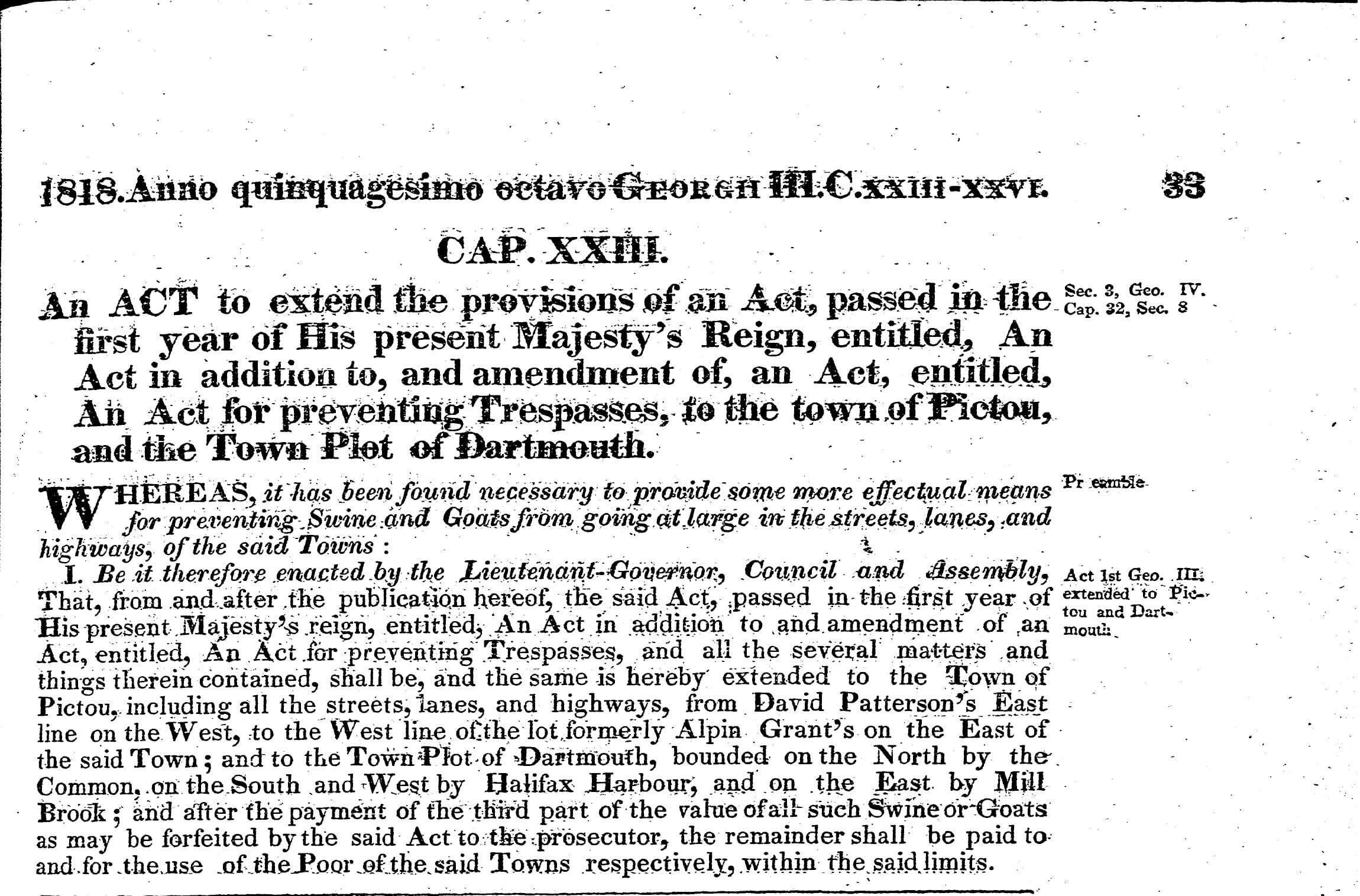 To extend the provisions of c15 of 1761 relating to Trespasses, to the Town of Pictou and the Town Plot of Dartmouth, 1818 c23