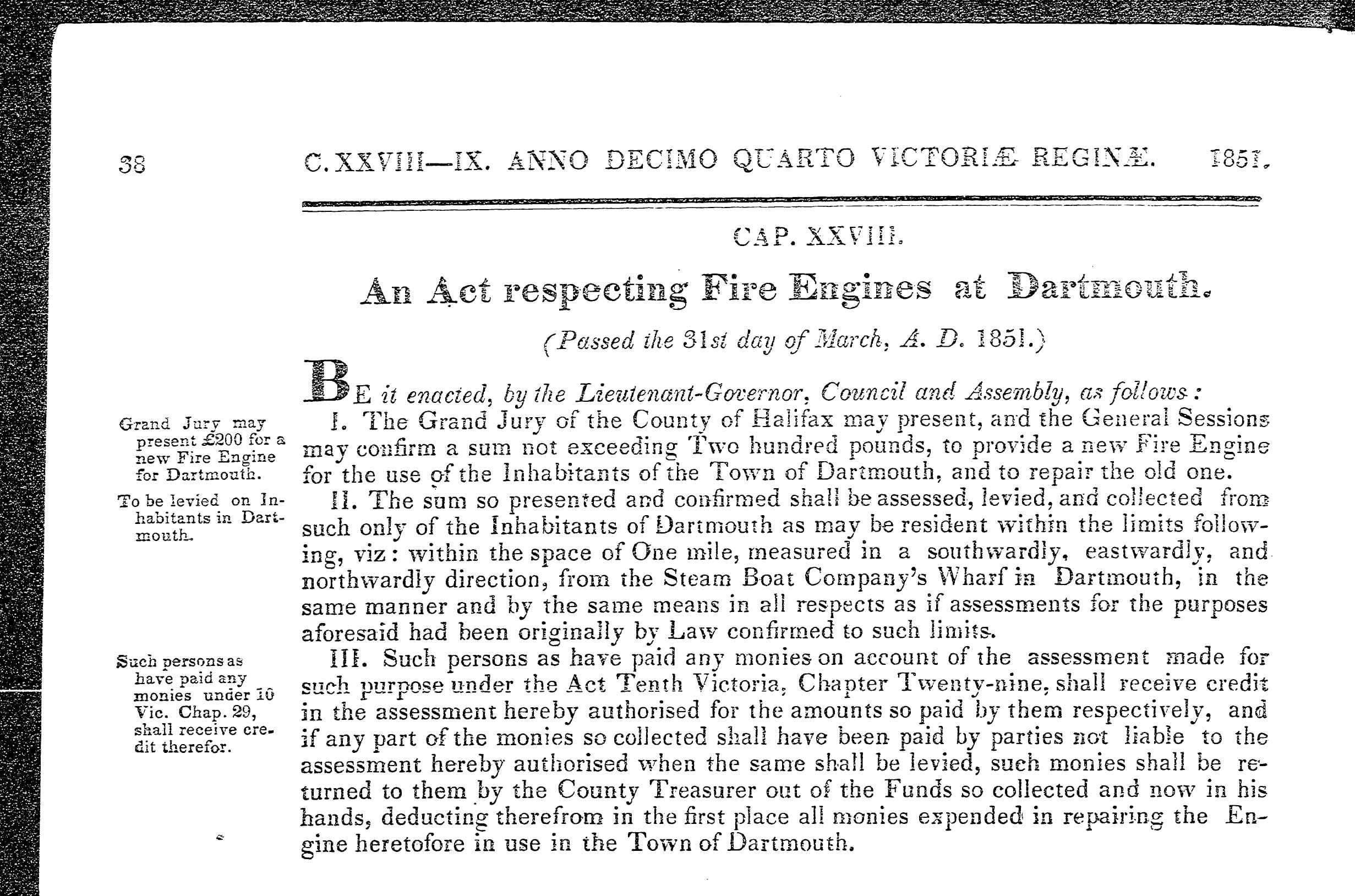 Respecting Fire Engines at (Dartmouth) (1st Session), 1851 c28