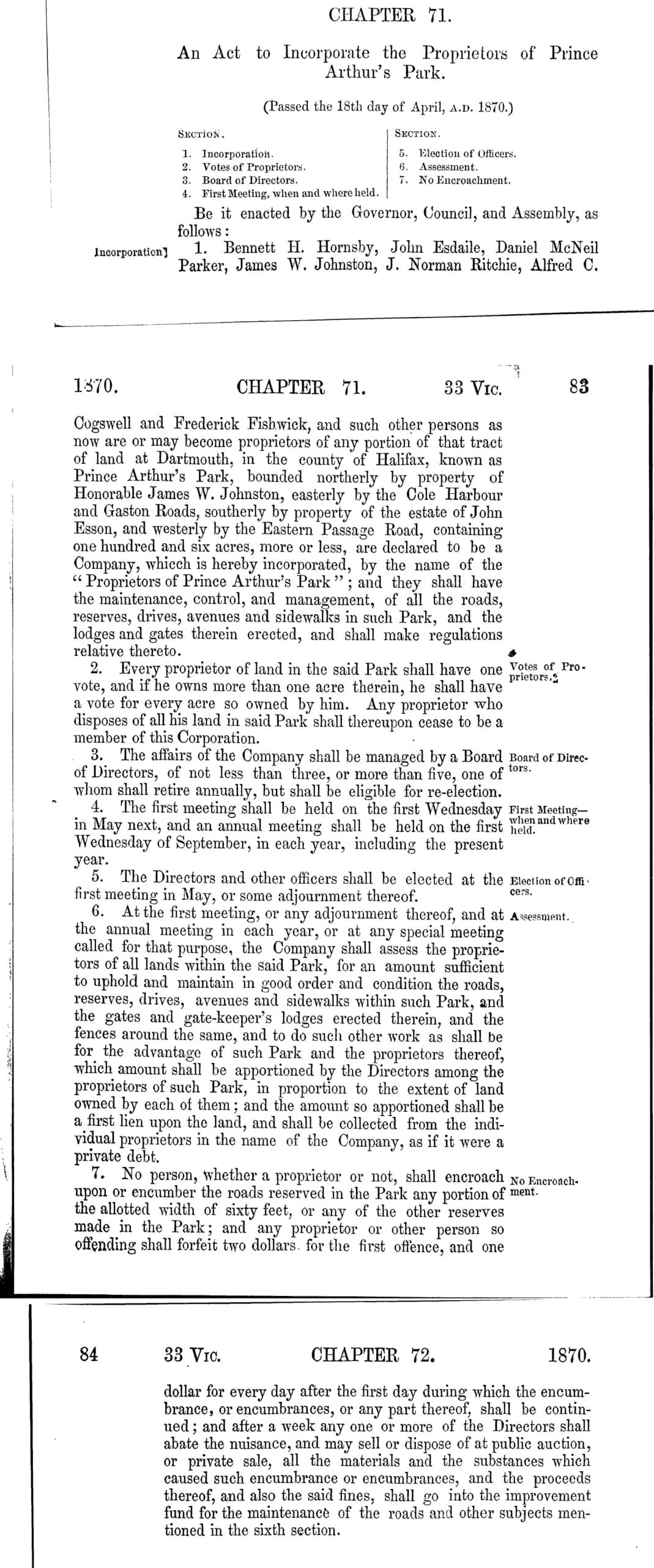An Act to Incorporate the Proprietors of Prince Arthur Park, 1870 c71